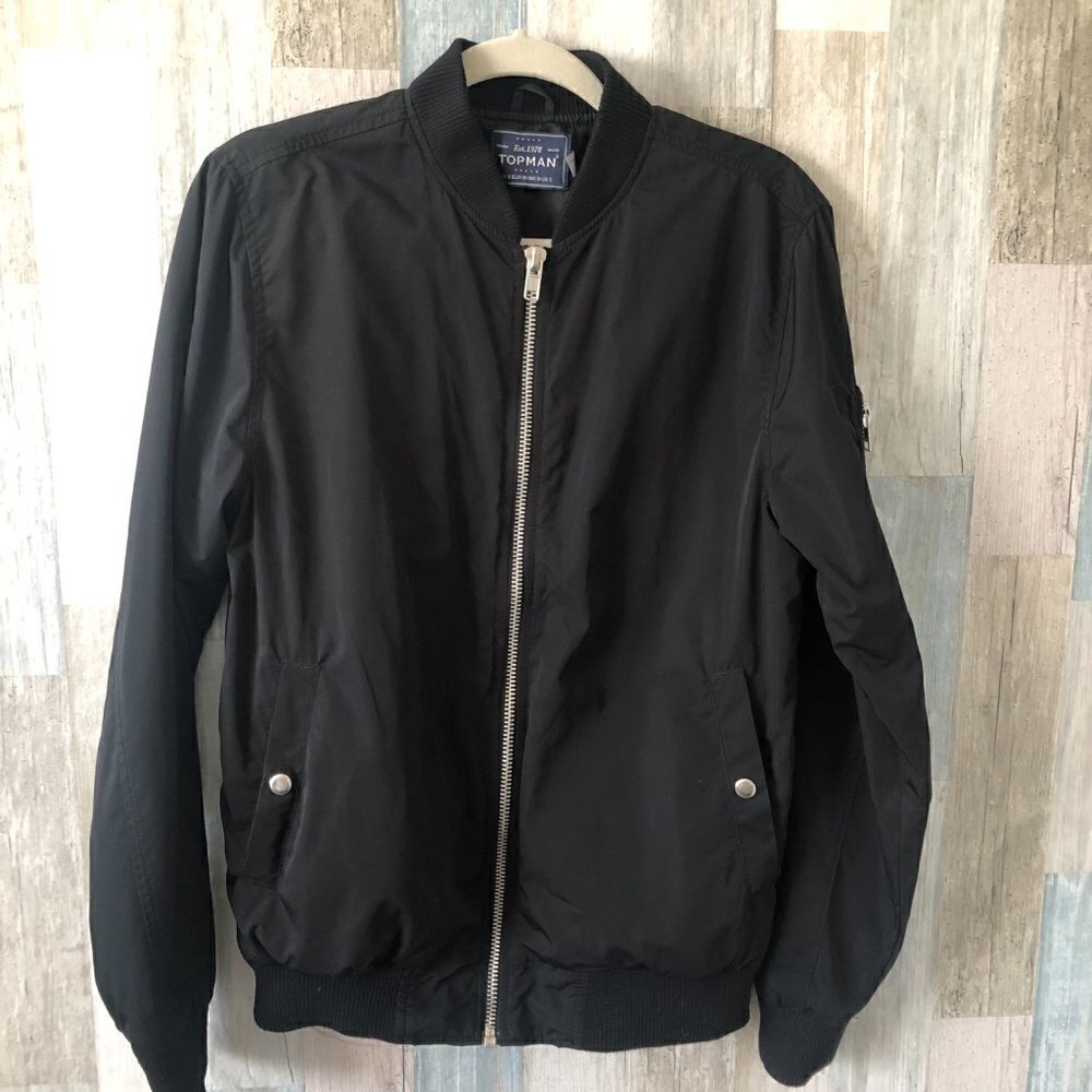 Topman Bomber Jacket Men's size S Black with Silver Pockets Retro Hipster